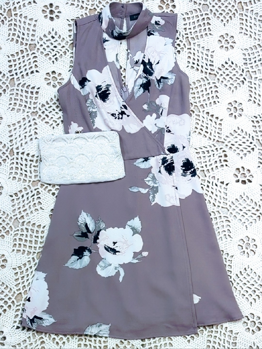 Dynamite Floral Faux Wrap V-neck Mini High Collar Dress